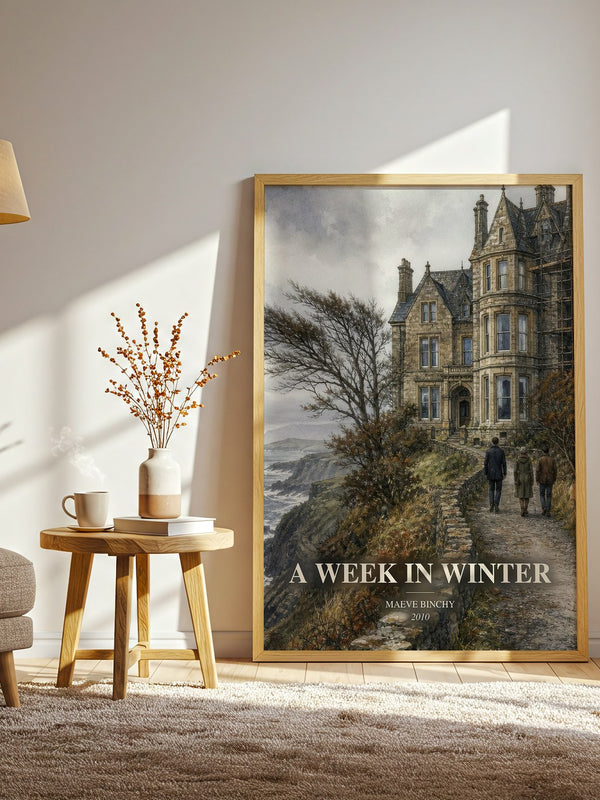 A Week in Winter watercolour print in frame leaning in hallway – contemporary fiction wall art