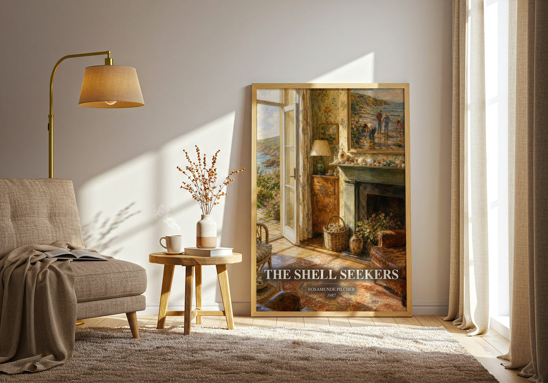 The Shell Seekers watercolour print in frame leaning in hallway – literary fiction wall art (mockup)