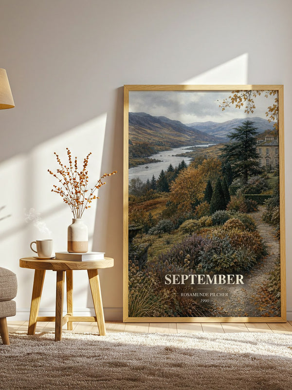 September watercolour print in frame leaning in hallway – romance wall art