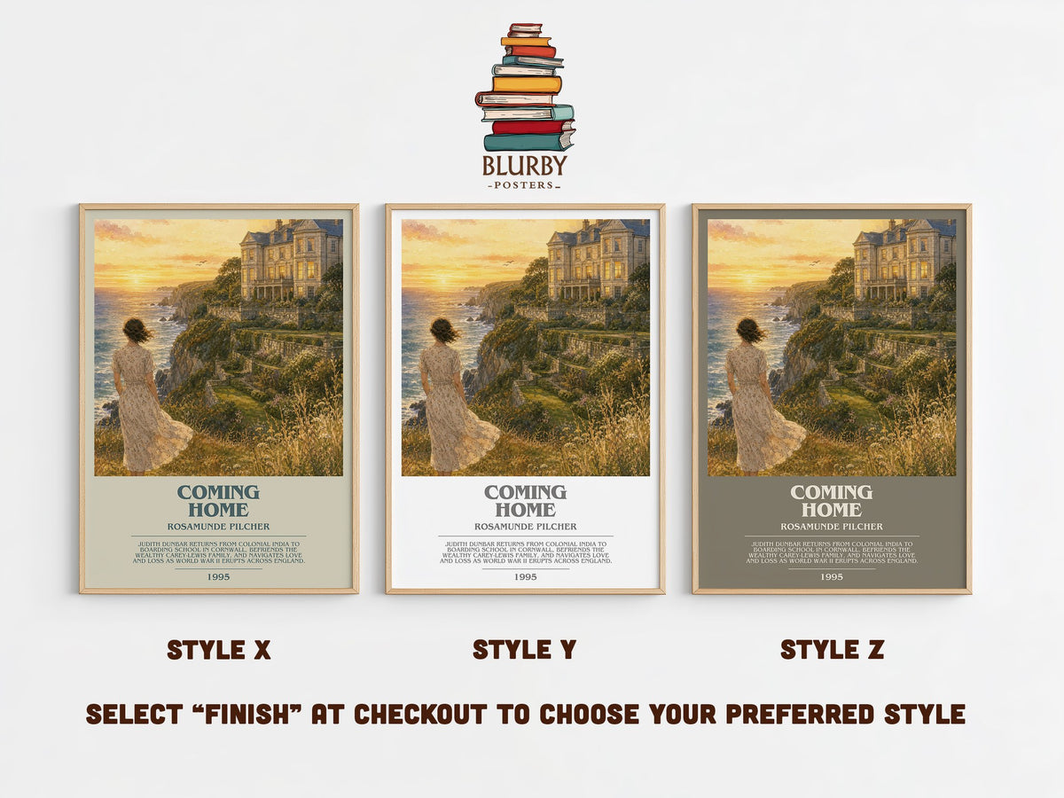Coming Home bookish print in frame leaning in hallway – contemporary fiction wall art (mockup)