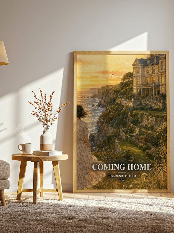 Coming Home watercolour print in frame leaning in hallway – contemporary fiction wall art