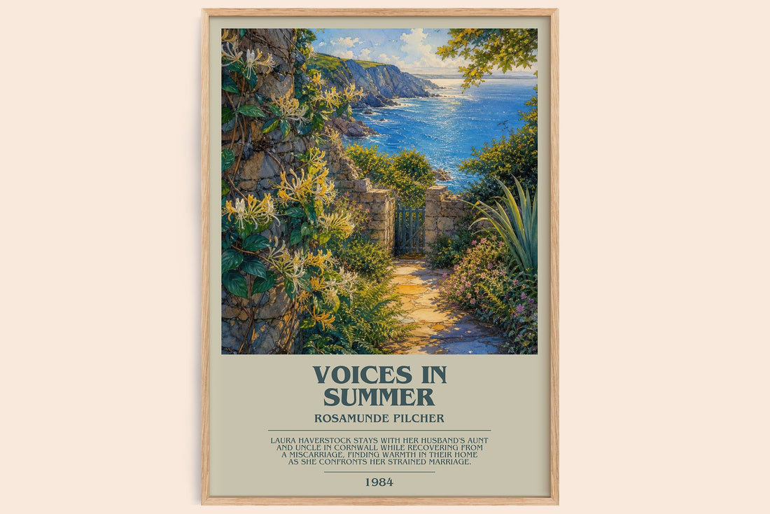 Voices in Summer bookish book poster by Rosamunde Pilcher – framed literary art print