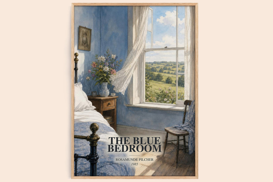 The Blue Bedroom watercolour book poster by Rosamunde Pilcher – framed literary art print