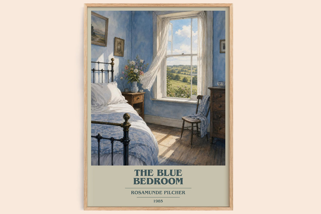 The Blue Bedroom book cover book poster by Rosamunde Pilcher – framed literary art print
