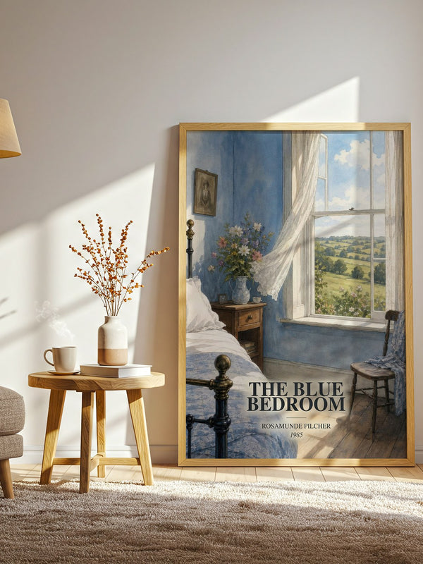 The Blue Bedroom watercolour print in frame leaning in hallway – romance wall art