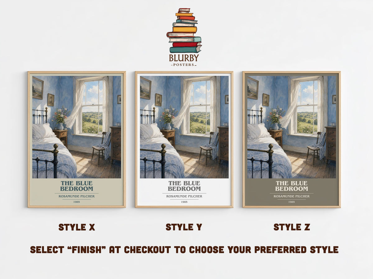The Blue Bedroom book cover print in frame leaning in hallway – romance wall art (mockup)