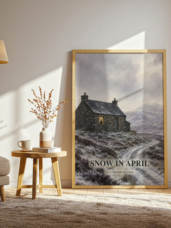 Snow in April watercolour print in frame leaning in hallway – romance wall art