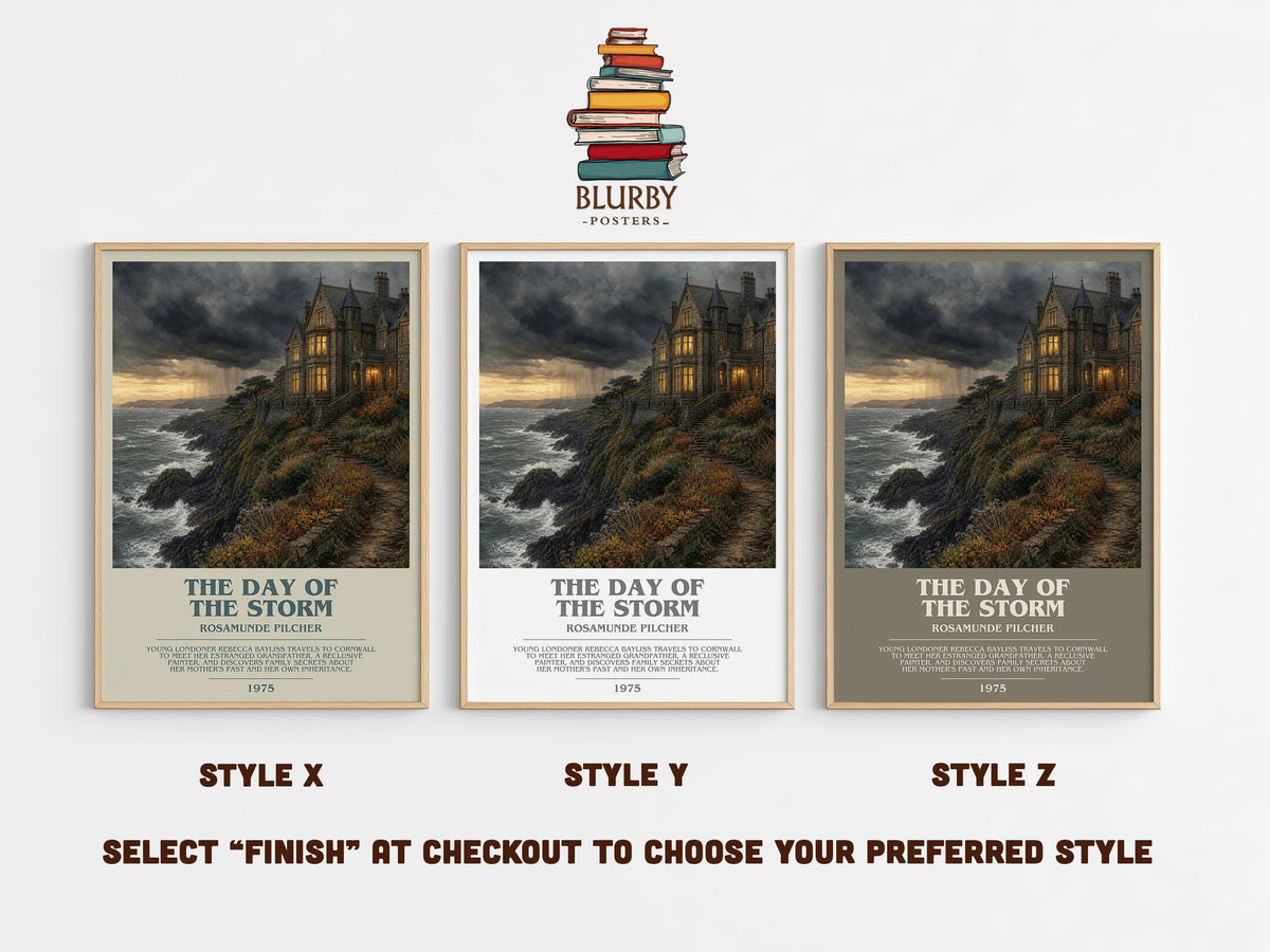 The Day of the Storm bookish print in frame leaning in hallway – romance wall art (mockup)