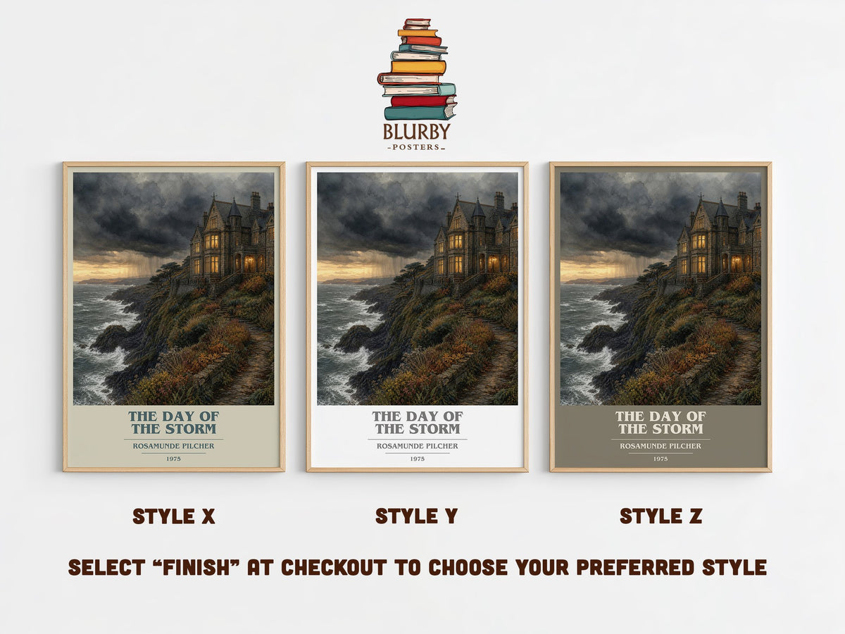 The Day of the Storm book cover print in frame leaning in hallway – romance wall art (mockup)