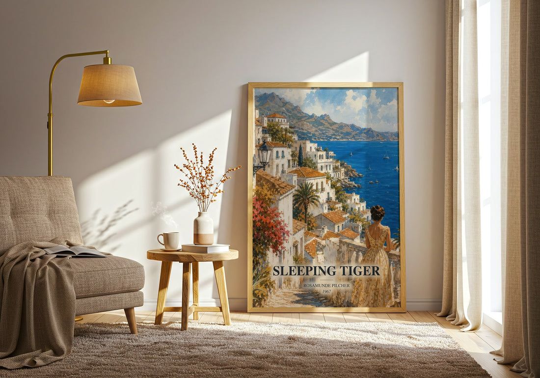 Sleeping Tiger watercolour print in frame leaning in hallway – romance wall art (mockup)