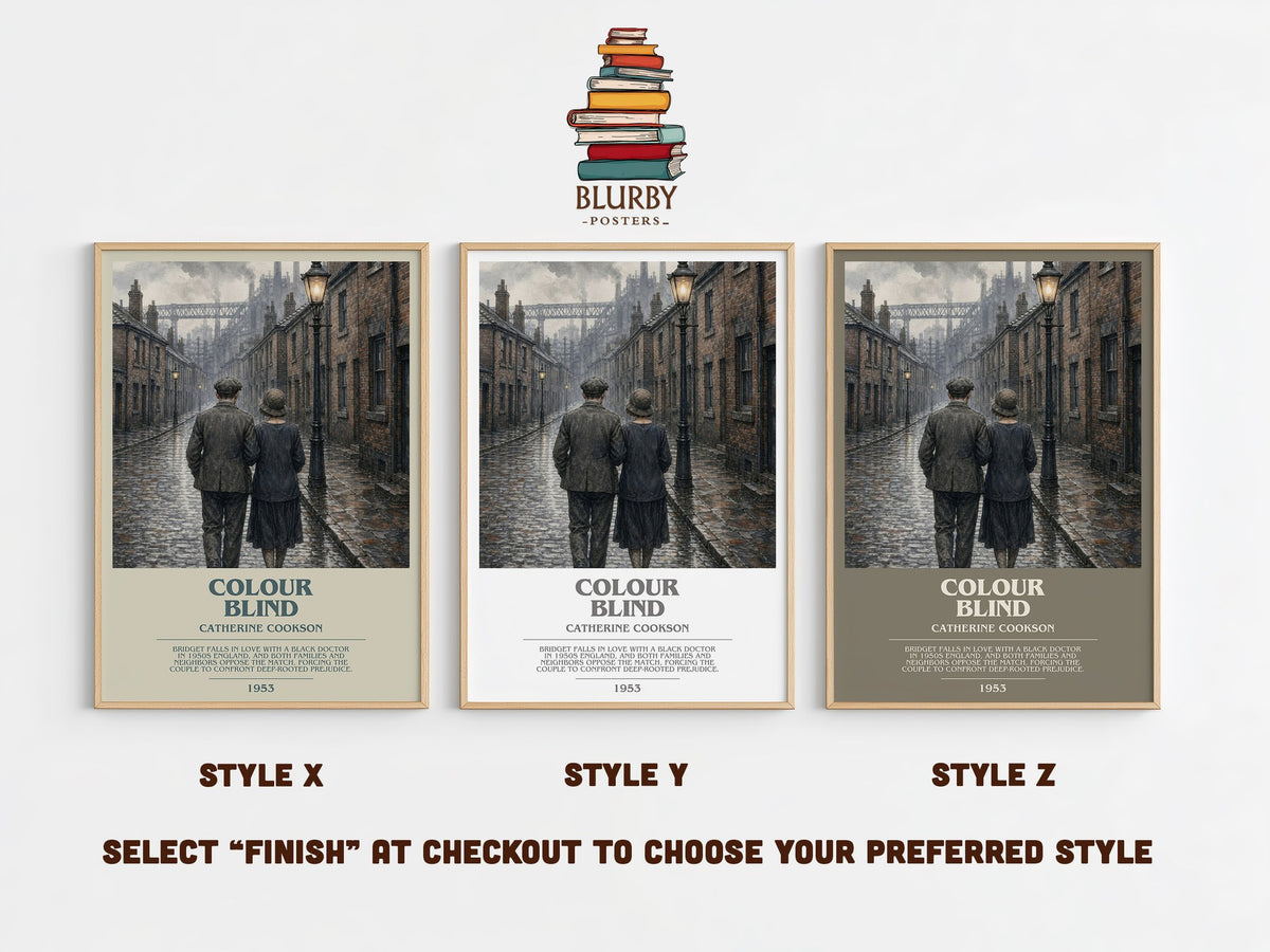 Colour Blind bookish print in frame leaning in hallway – historical fiction wall art (mockup)