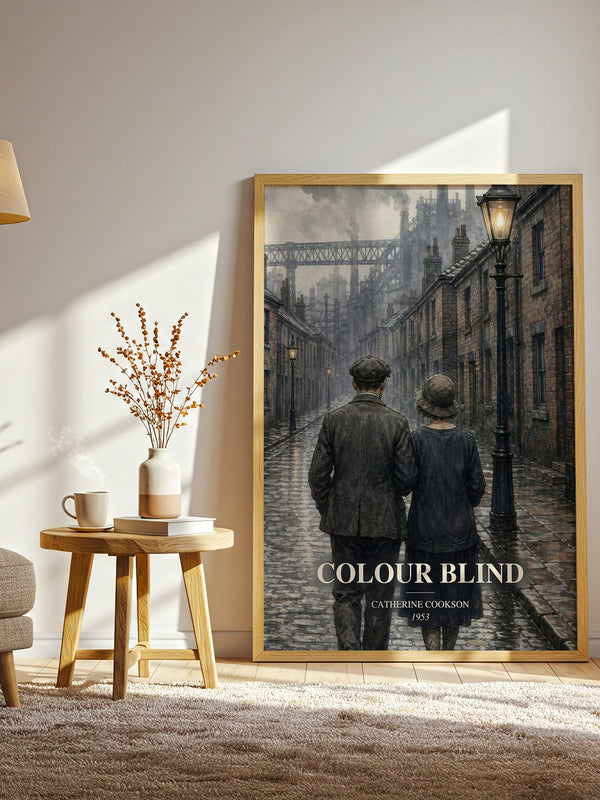 Colour Blind watercolour print in frame leaning in hallway – historical fiction wall art