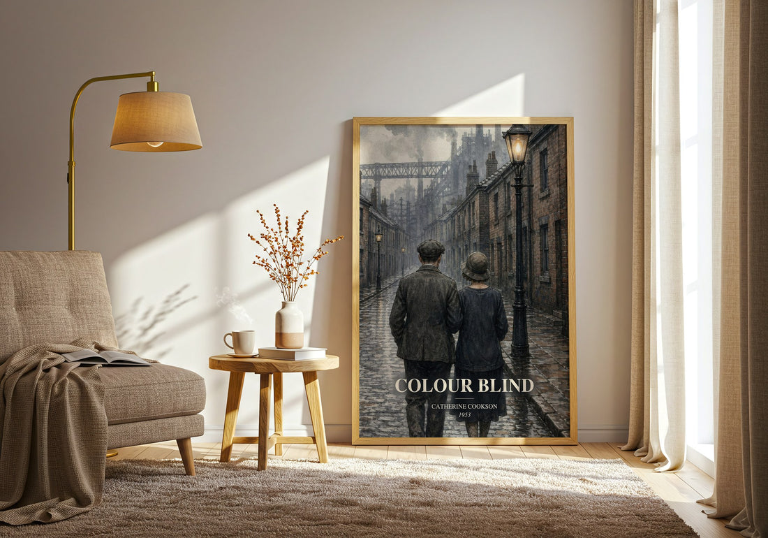 Colour Blind watercolour print in frame leaning in hallway – historical fiction wall art (mockup)