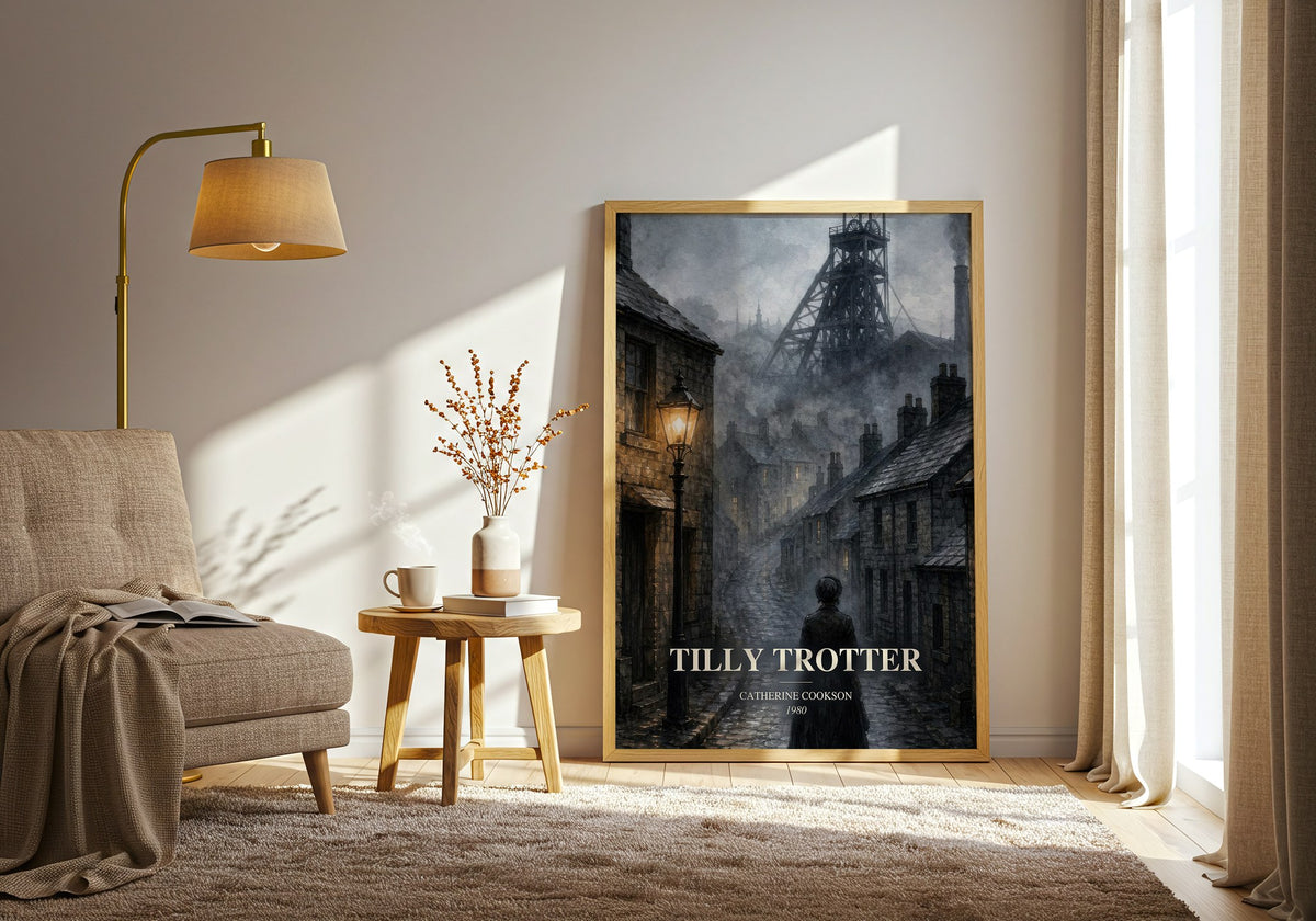 Tilly Trotter watercolour print in frame leaning in hallway – historical fiction wall art (mockup)