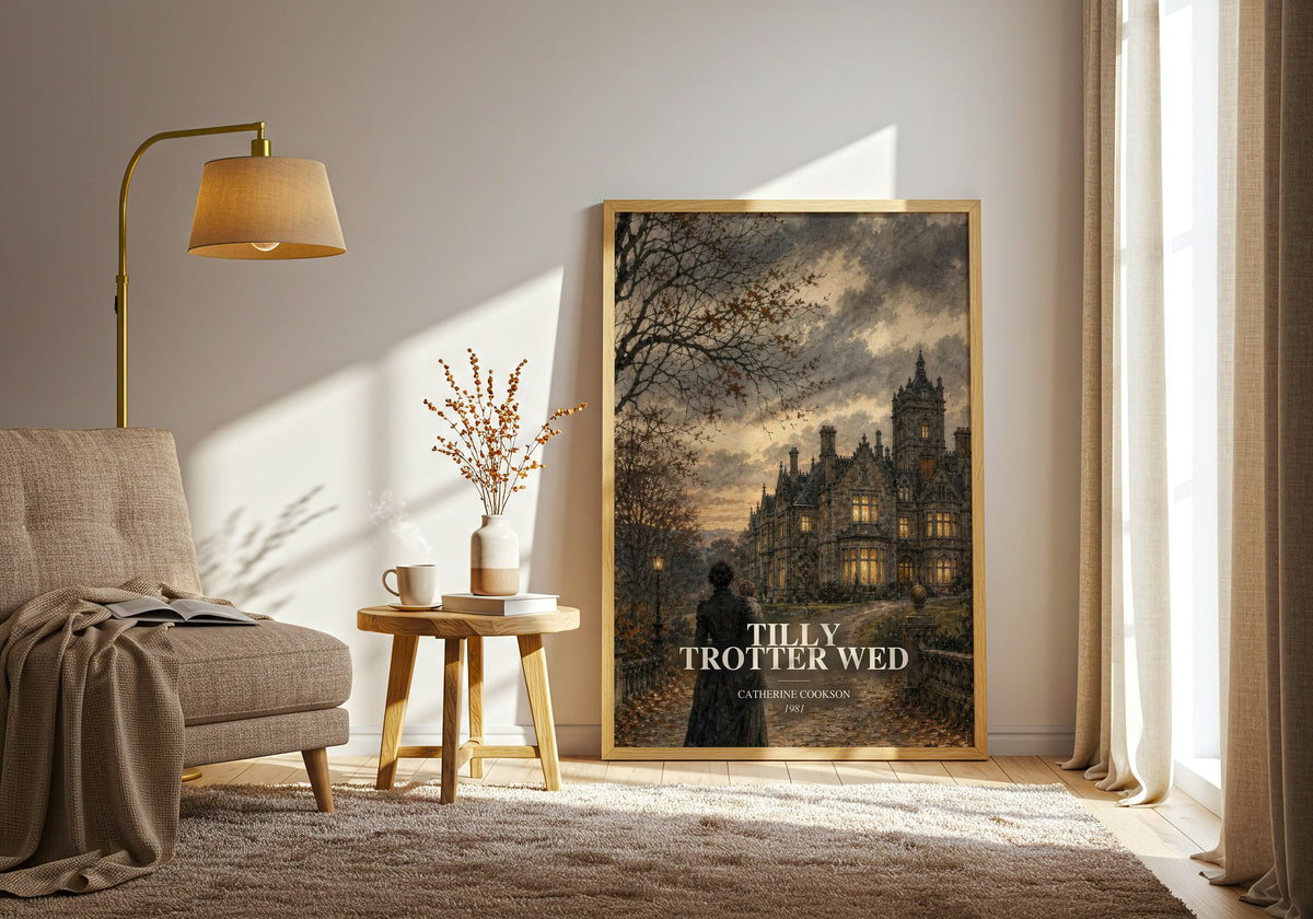 Tilly Trotter Wed watercolour print in frame leaning in hallway – historical fiction wall art (mockup)