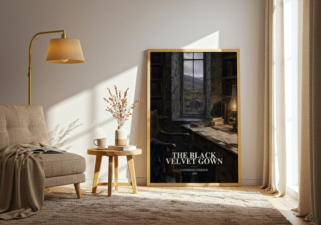 The Black Velvet Gown watercolour print in frame leaning in hallway – historical fiction wall art (mockup)