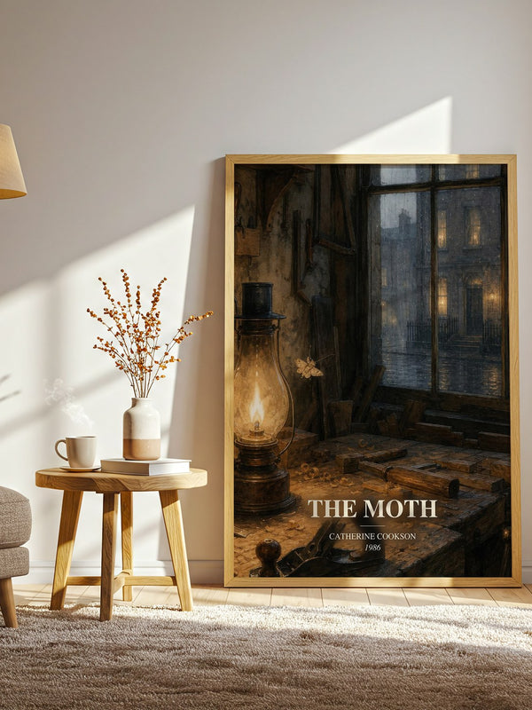 The Moth watercolour print in frame leaning in hallway – historical fiction wall art