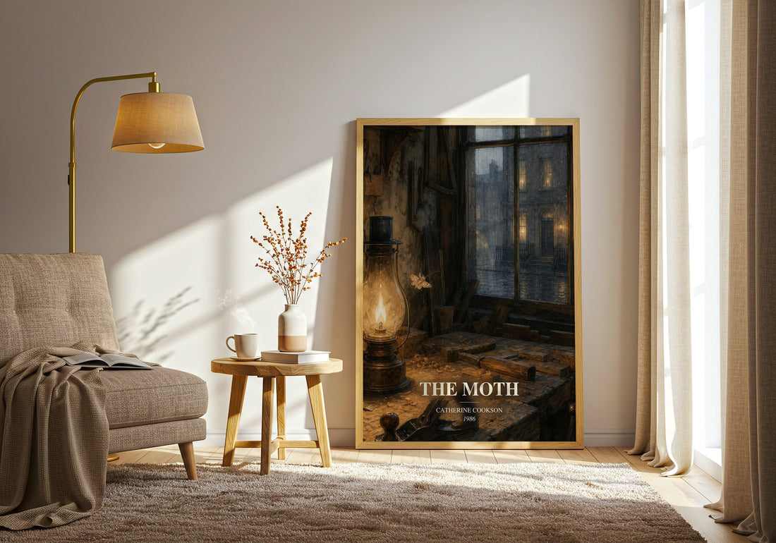 The Moth watercolour print in frame leaning in hallway – historical fiction wall art (mockup)