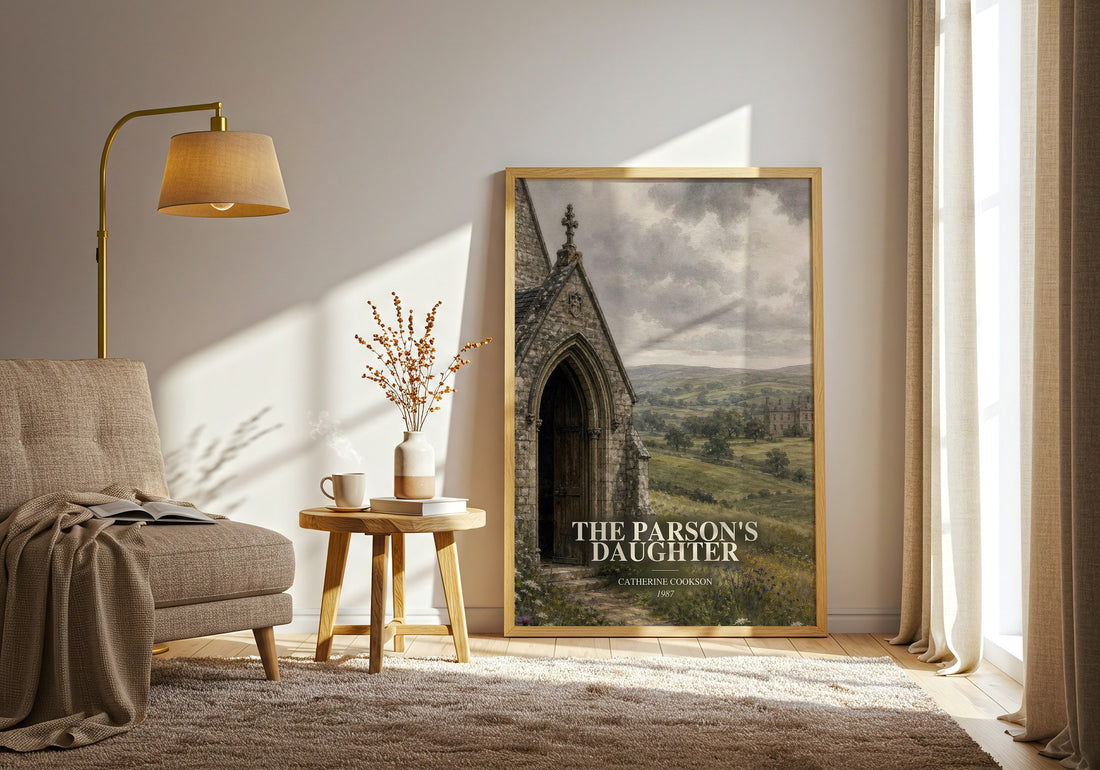 The Parson's Daughter watercolour print in frame leaning in hallway – historical fiction wall art (mockup)