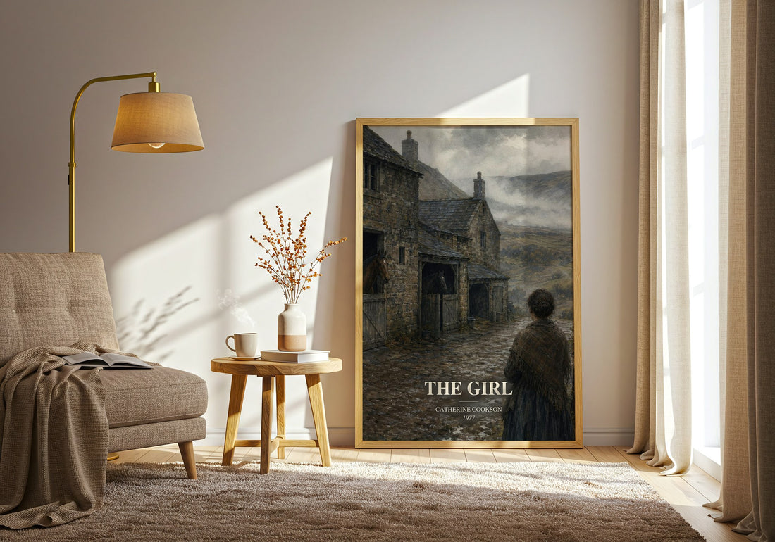 The Girl watercolour print in frame leaning in hallway – historical fiction wall art (mockup)