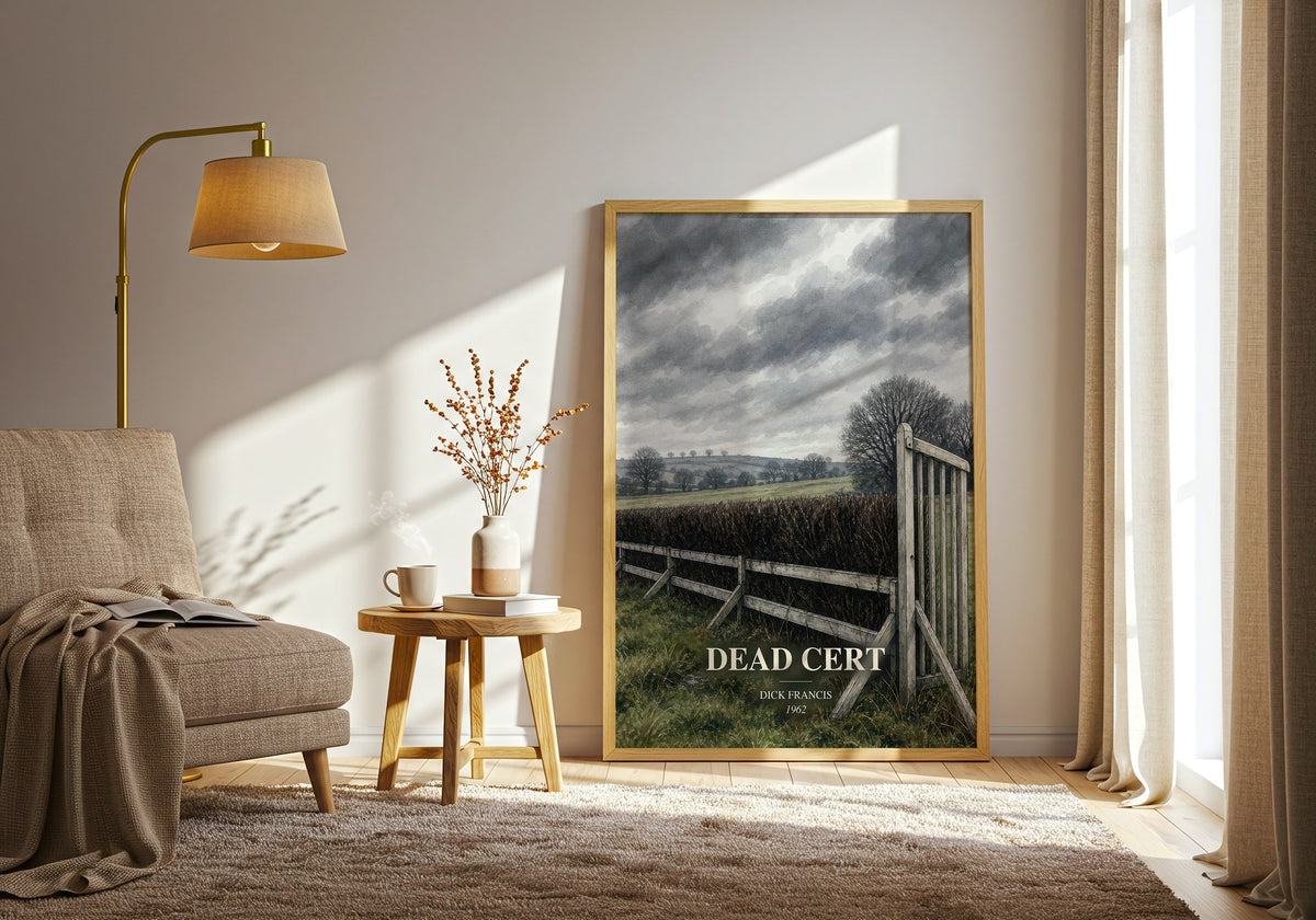 Dead Cert watercolour print in frame leaning in hallway – mystery wall art (mockup)
