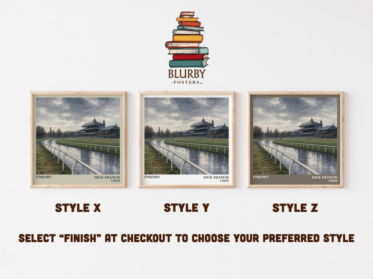 Enquiry literary print in frame leaning in hallway – thriller wall art (mockup)
