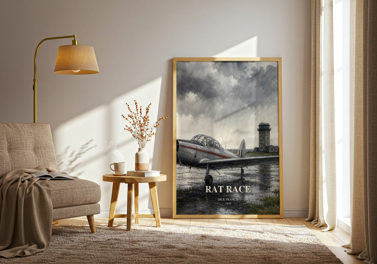 Rat Race watercolour print in frame leaning in hallway – thriller wall art (mockup)