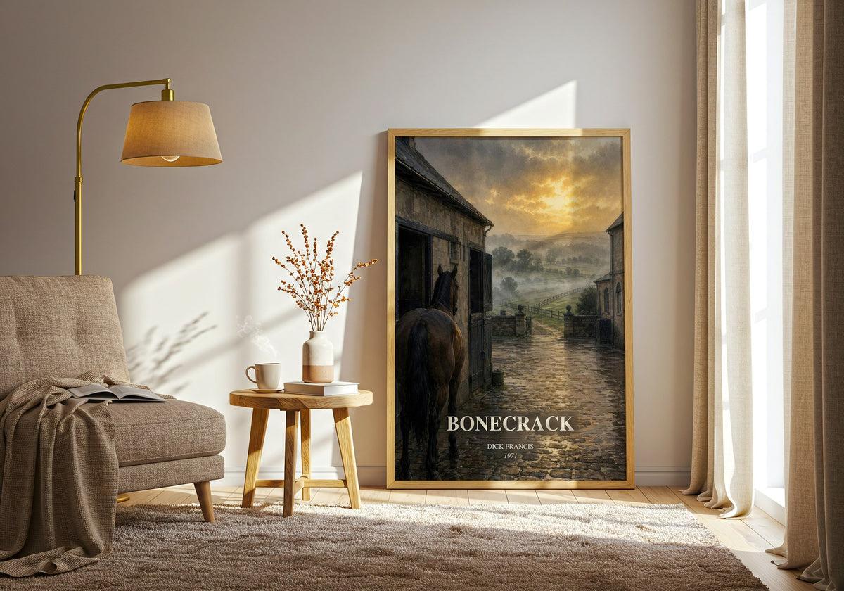 Bonecrack watercolour print in frame leaning in hallway – thriller wall art (mockup)