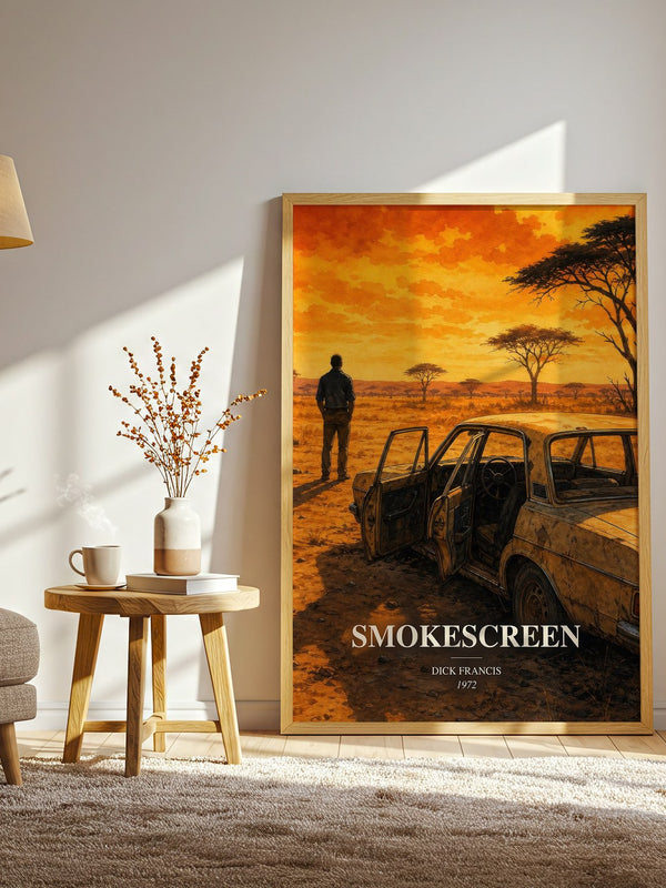 Smokescreen watercolour print in frame leaning in hallway – thriller wall art