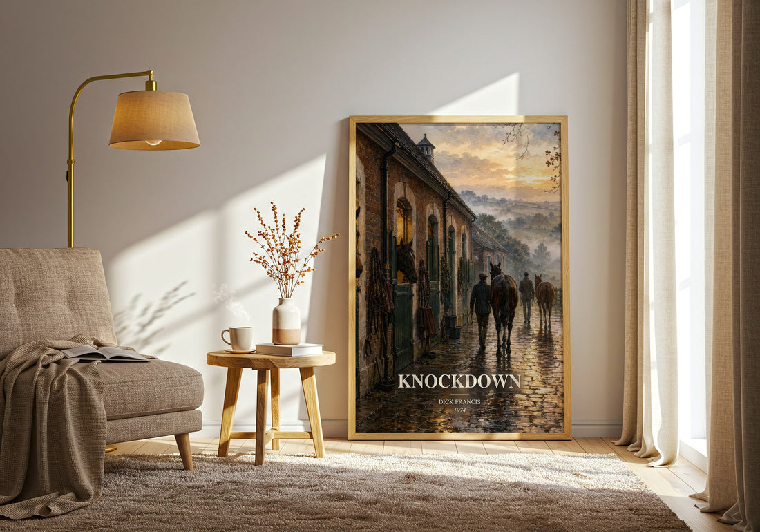 Knockdown watercolour print in frame leaning in hallway – thriller wall art (mockup)