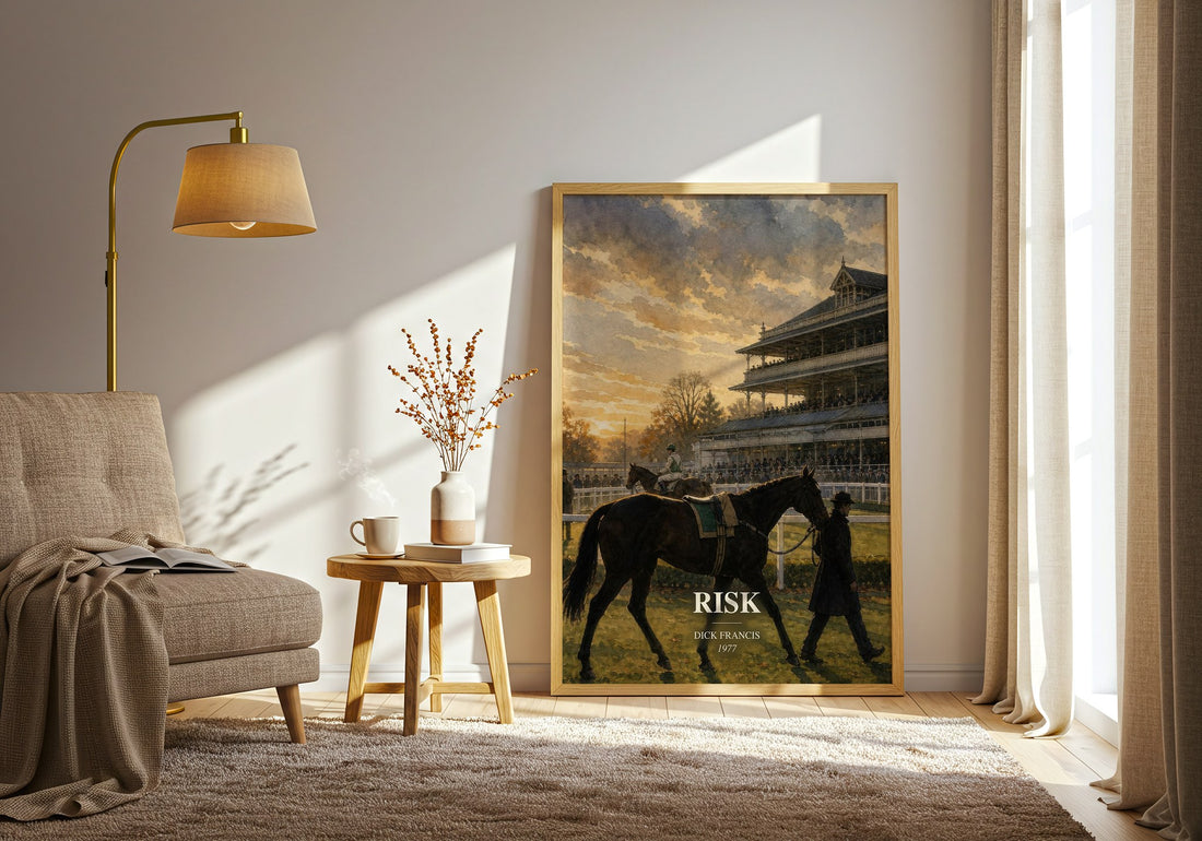 Risk watercolour print in frame leaning in hallway – thriller wall art (mockup)