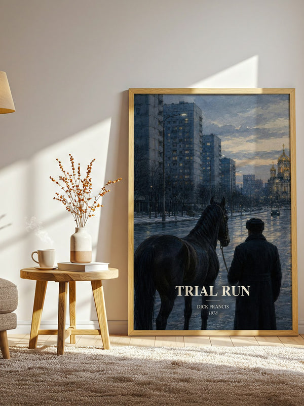 Trial Run watercolour print in frame leaning in hallway – thriller wall art