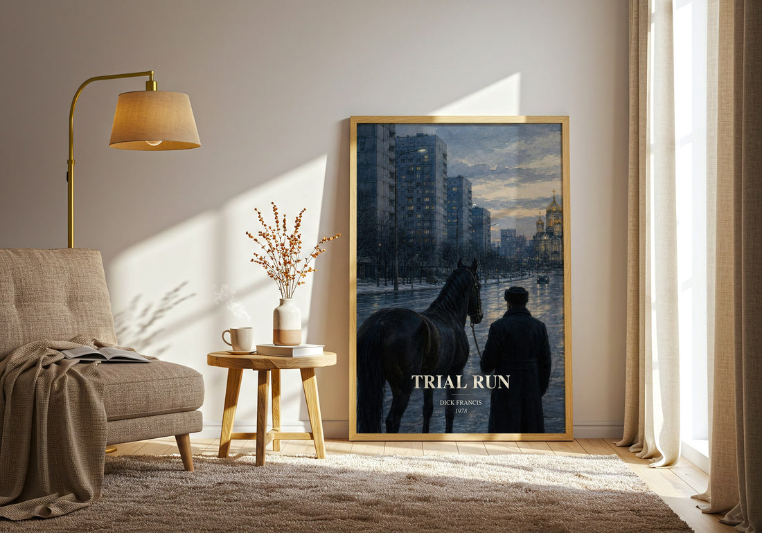 Trial Run watercolour print in frame leaning in hallway – thriller wall art (mockup)