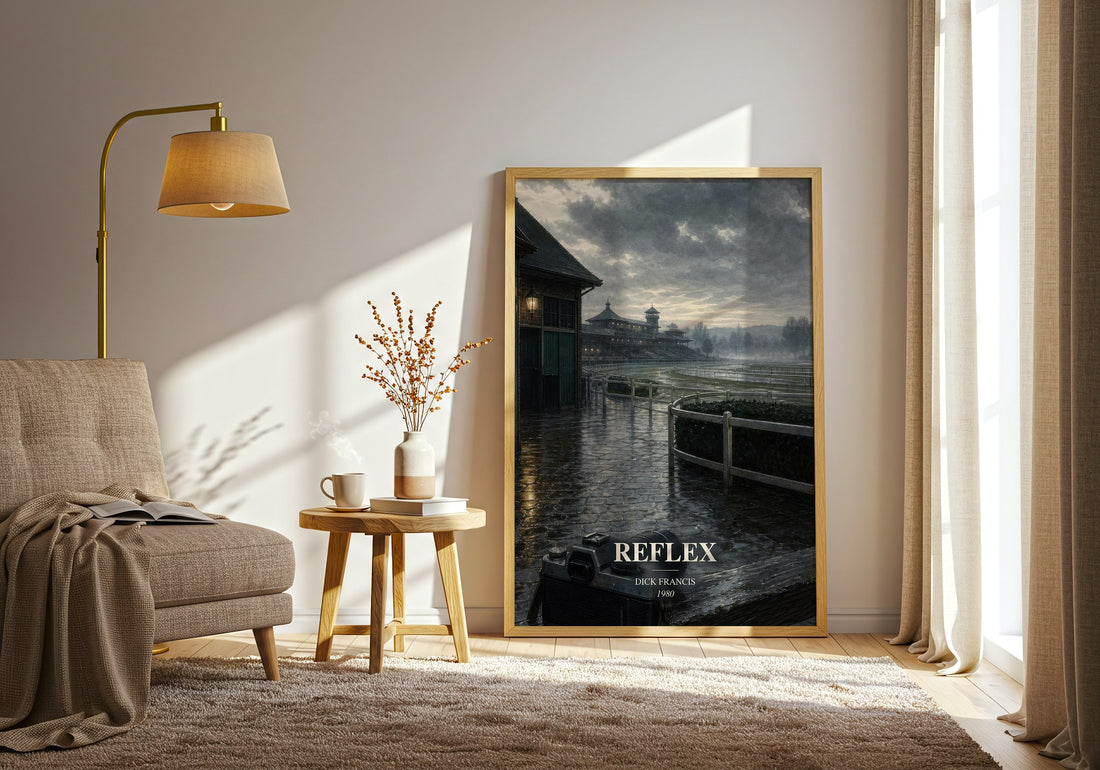 Reflex watercolour print in frame leaning in hallway – thriller wall art (mockup)