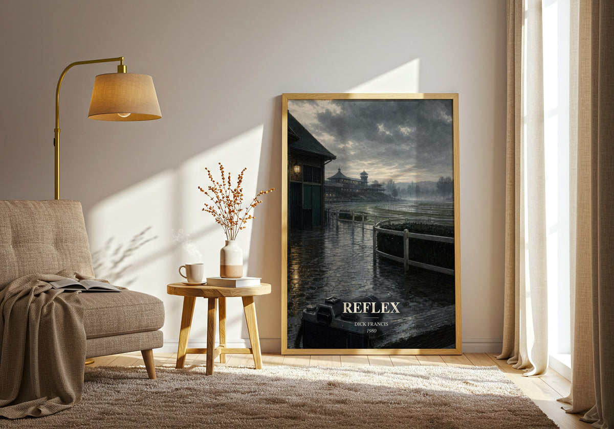 Reflex watercolour print in frame leaning in hallway – thriller wall art (mockup)