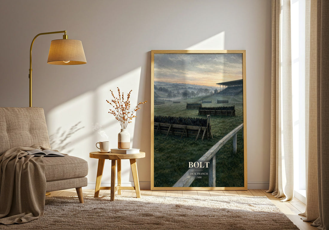 Bolt watercolour print in frame leaning in hallway – thriller wall art (mockup)