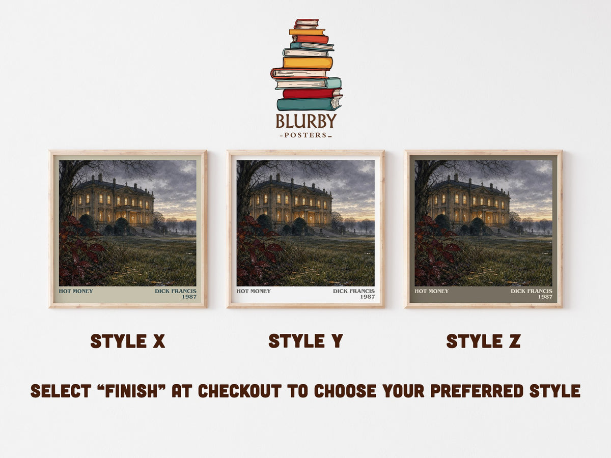 Hot Money literary print in frame leaning in hallway – thriller wall art (mockup)