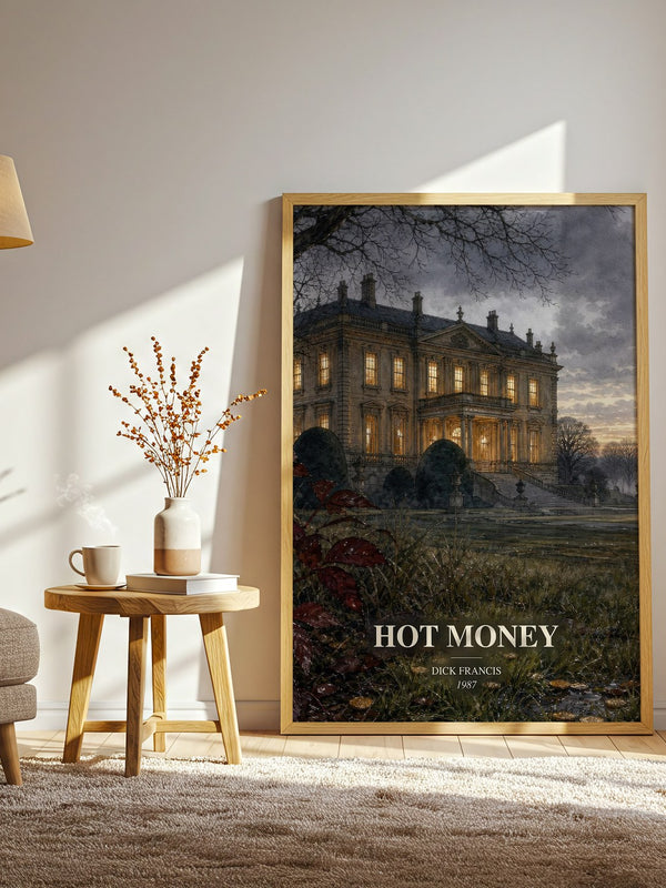 Hot Money watercolour print in frame leaning in hallway – thriller wall art