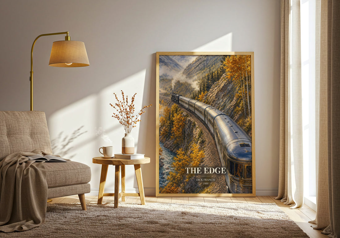 The Edge watercolour print in frame leaning in hallway – thriller wall art (mockup)