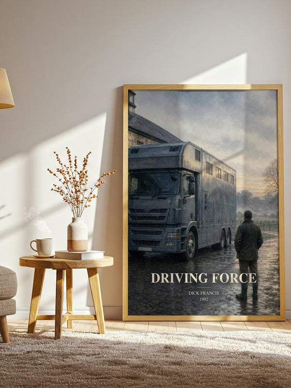 Driving Force watercolour print in frame leaning in hallway – thriller wall art