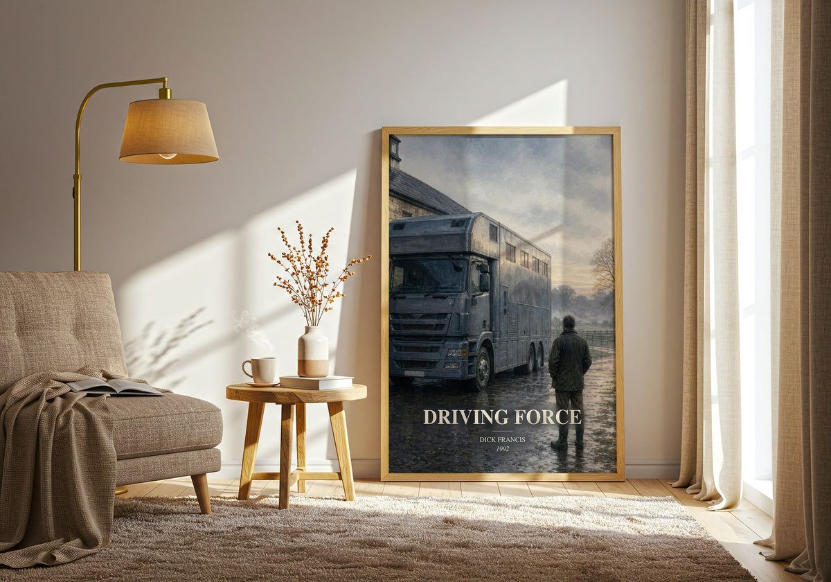 Driving Force watercolour print in frame leaning in hallway – thriller wall art (mockup)