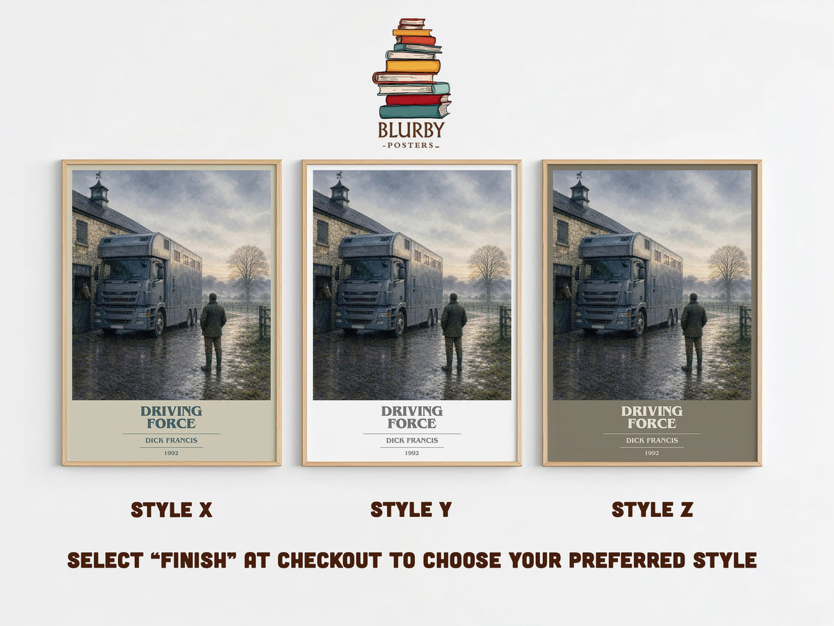 Driving Force book cover print in frame leaning in hallway – thriller wall art (mockup)
