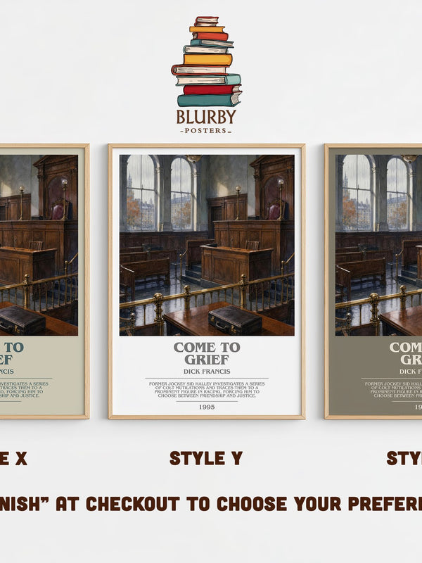 Come to Grief bookish print in frame leaning in hallway – crime wall art