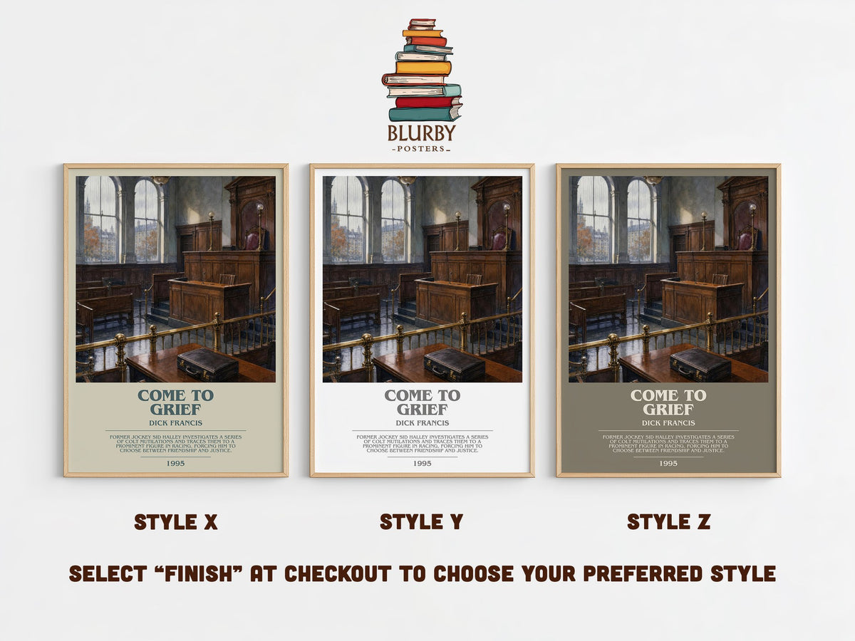 Come to Grief bookish print in frame leaning in hallway – crime wall art (mockup)