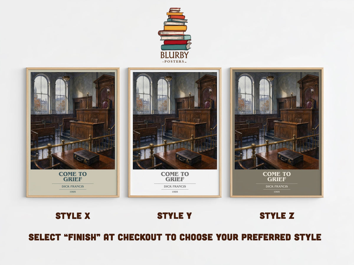 Come to Grief book cover print in frame leaning in hallway – crime wall art (mockup)