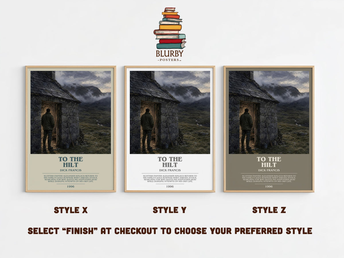 To the Hilt bookish print in frame leaning in hallway – thriller wall art (mockup)