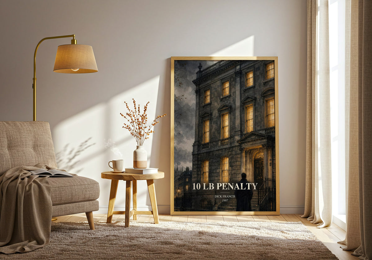 10 lb Penalty watercolour print in frame leaning in hallway – thriller wall art (mockup)