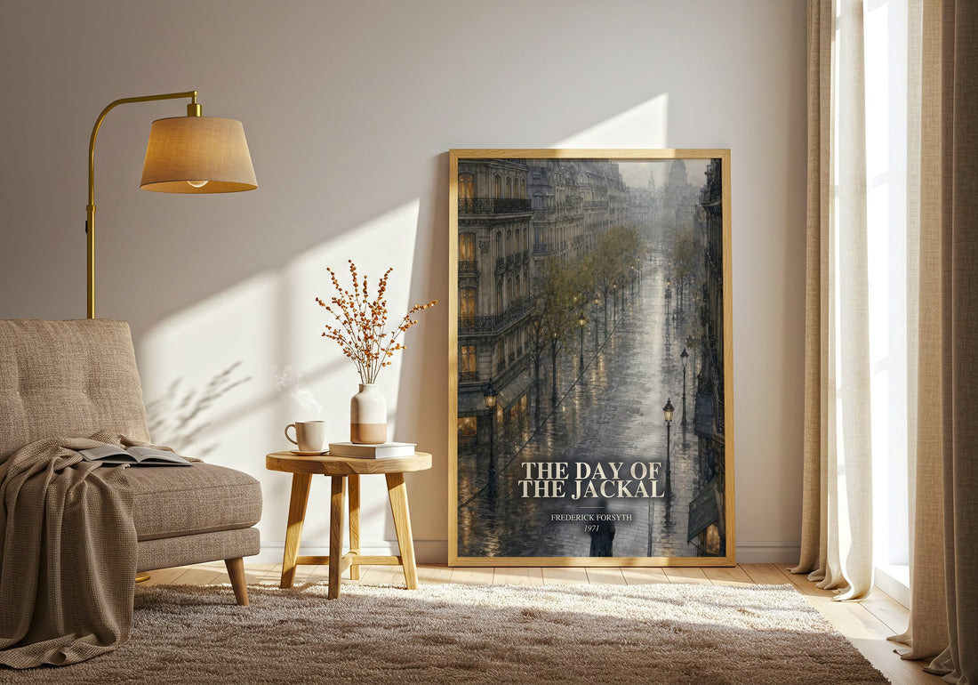 The Day of the Jackal watercolour print in frame leaning in hallway – thriller wall art (mockup)