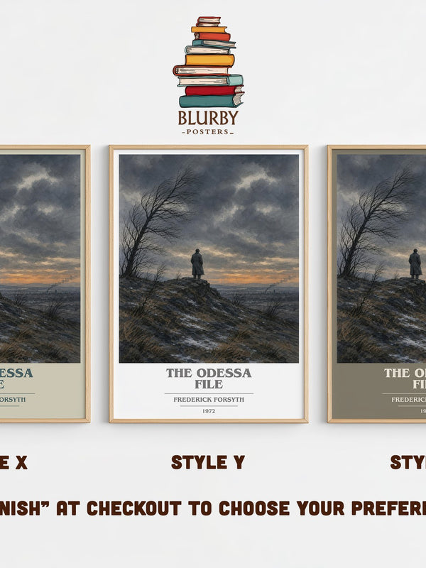 The Odessa File book cover print in frame leaning in hallway – thriller wall art