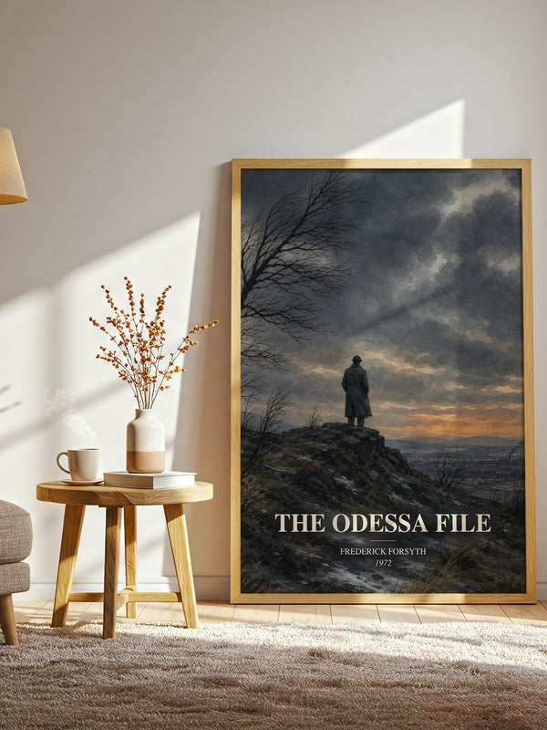 The Odessa File watercolour print in frame leaning in hallway – thriller wall art
